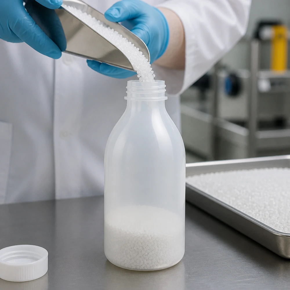 Laboratoriumfles van kunststof met smalle hals, 250 ml, zonder deksel, naast een roestvrijstalen plaat met korrels