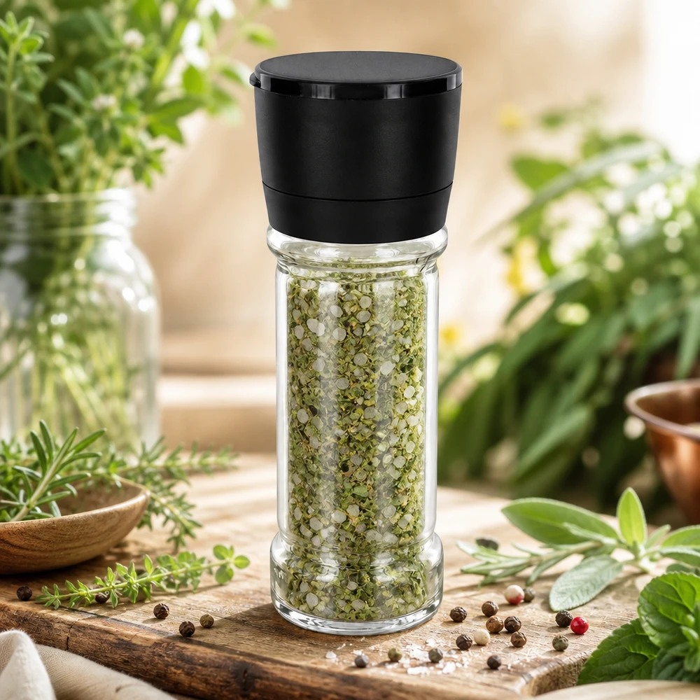 Zout-/kruidenpotje 100 ml met molen Vario zwart Kruidenzoutpotje van 100 ml met zwarte Vario-molen, gevuld met groene kruiden, op een houten plankje