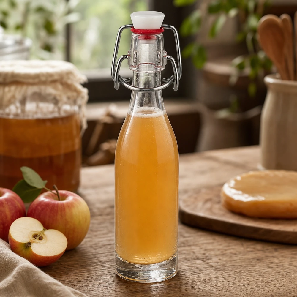 50ml glazen fles met draaidop gevuld met appelsap naast verse appels op een rustieke houten tafel