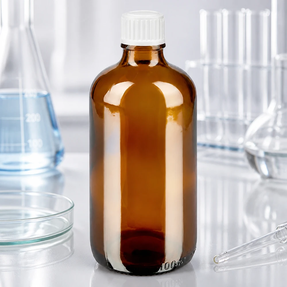 Klassieke ronde fles van 100 ml, amberkleurig glas met witte schroefdop en druppelaar STD