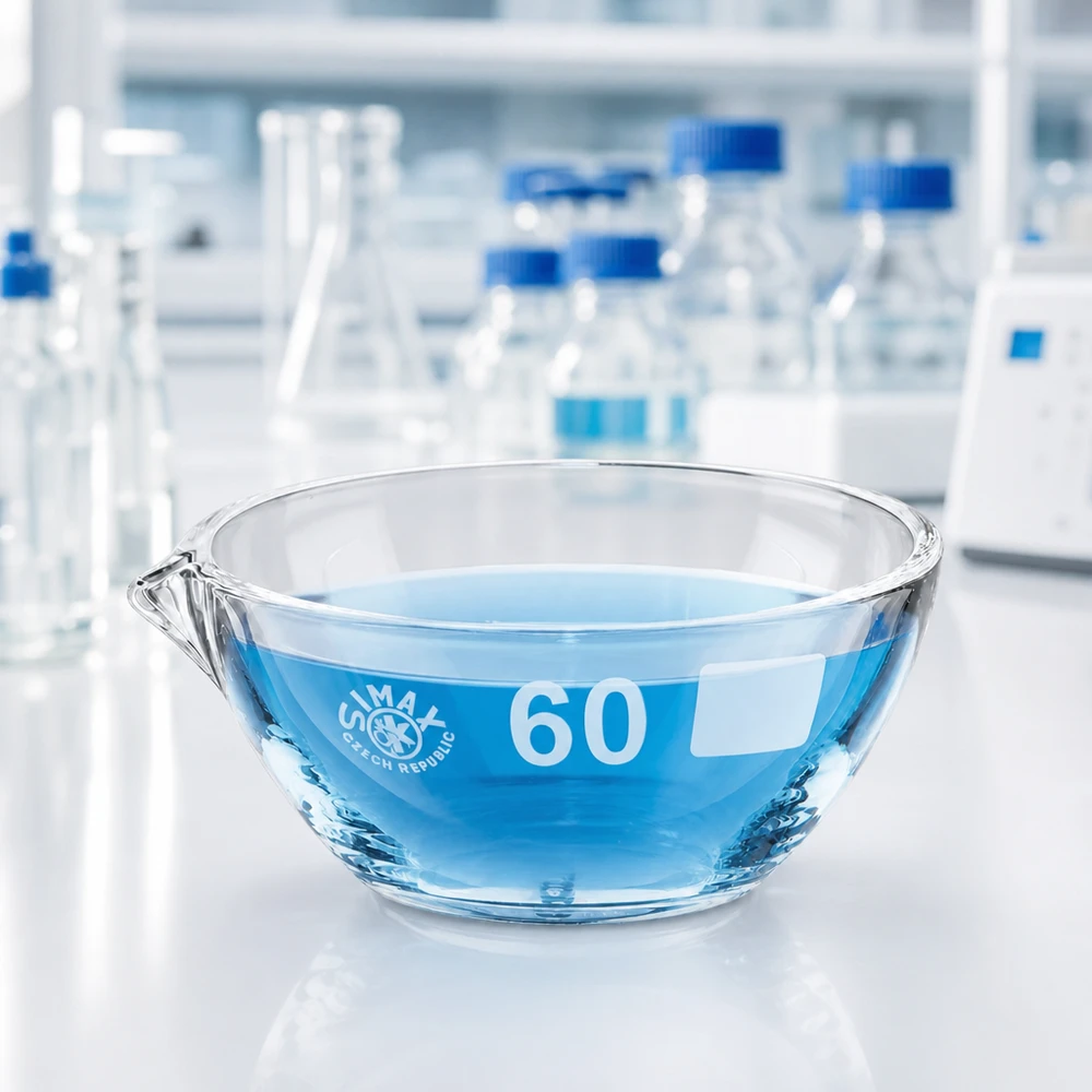 Veelzijdig verdampingsschaaltje van borosilicaat van 45 ml met ø60 mm schenktuit voor verdamping en kristallisatie