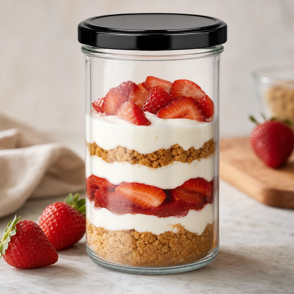 277 ml bekers als dessertpotje voor aardbeientiramisu met BasicSeal deksel zwart gelaagd dessert in een potje
