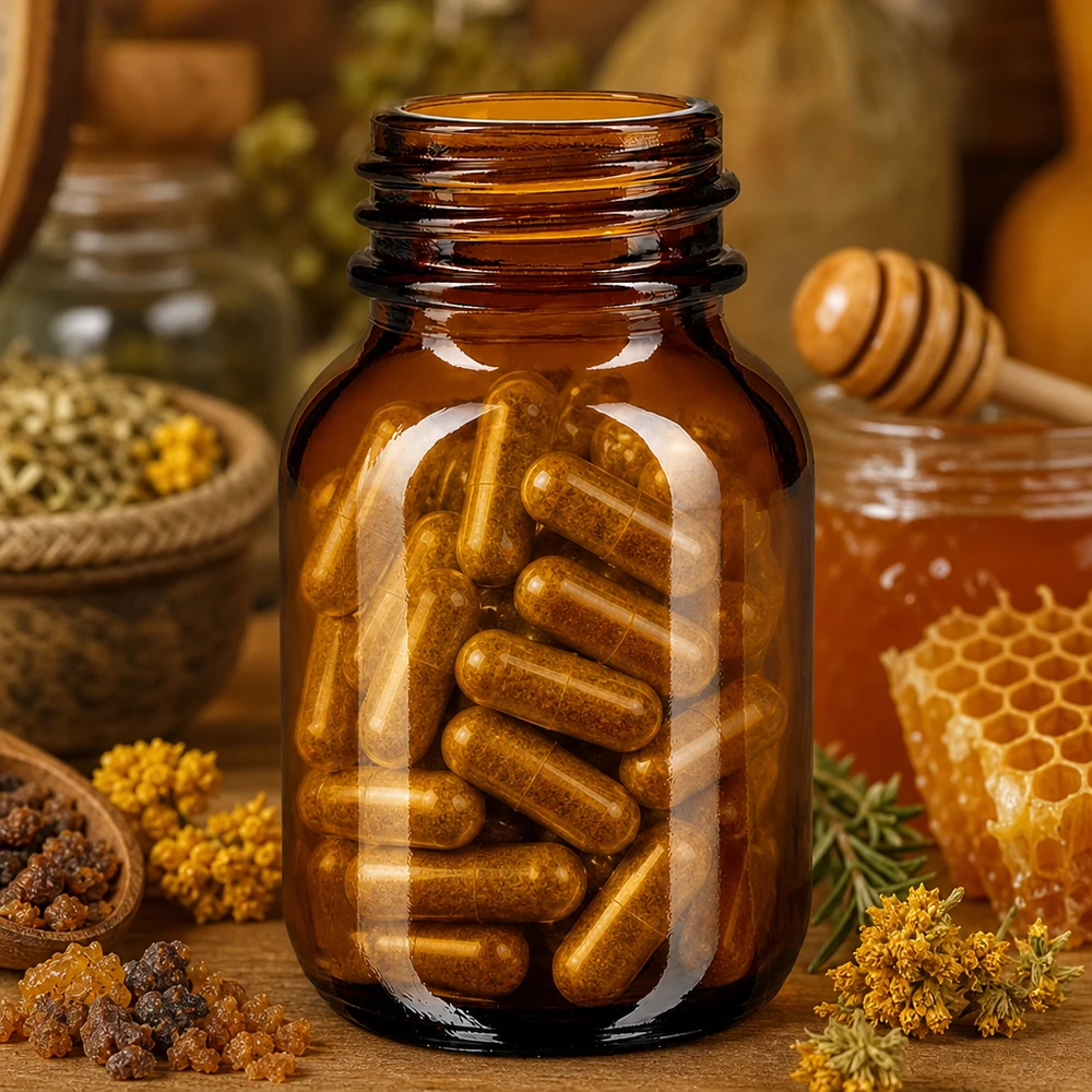 Compacte 50 ml fles met wijde hals van robuust amberkleurig glas voor het veilig bewaren van voedingssupplementen