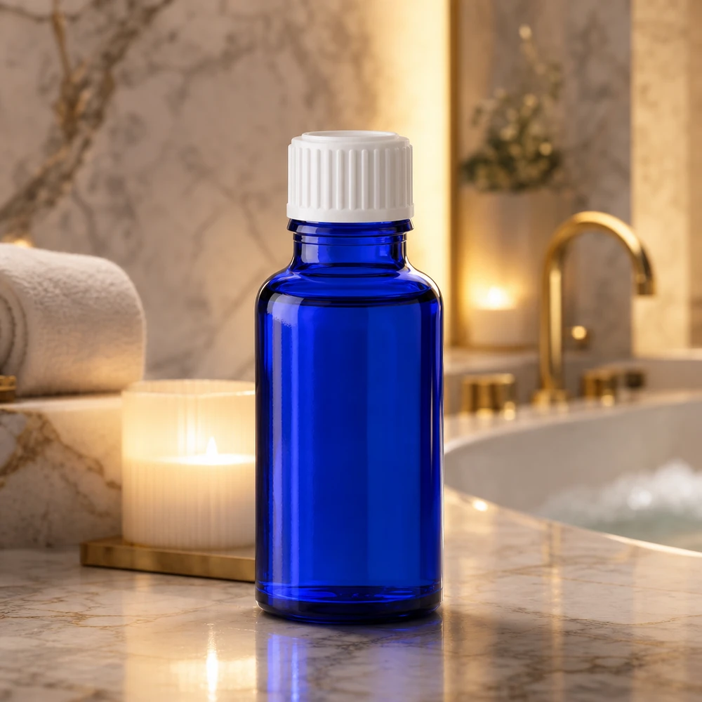 Lichtbeschermende fles, blauw, 20 ml, Apoglas, met witte standaarddop voor natuurlijke cosmetica