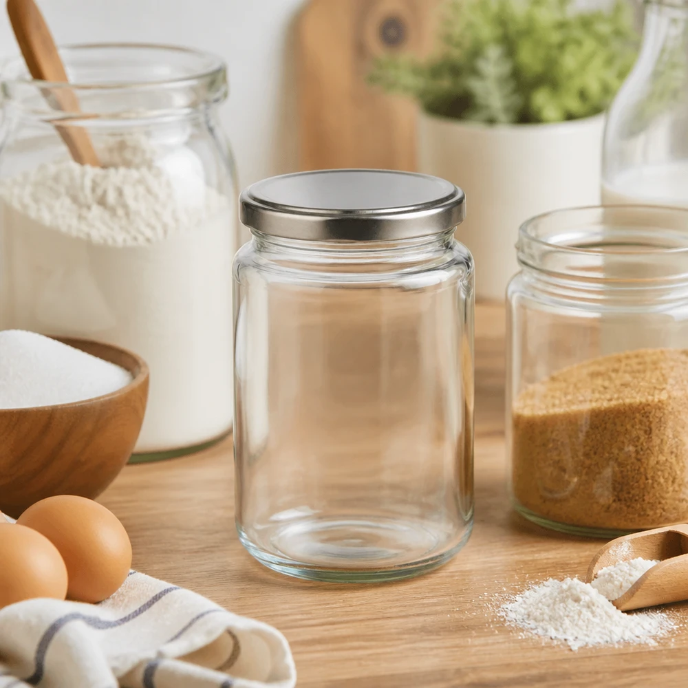 382ml rond glas met BasicSeal deksel zilver UNiTWIST 382ml ronde pot met BasicSeal deksel zilver leeg in keuken scène met bakingrediënten bloem eieren houten kom voorraadpot