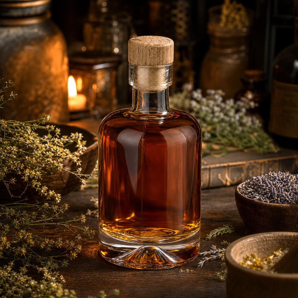 50ml glazen fles Amelie gevuld met amberkleurige spiritus tussen kruiden en specerijen sfeervol verlicht