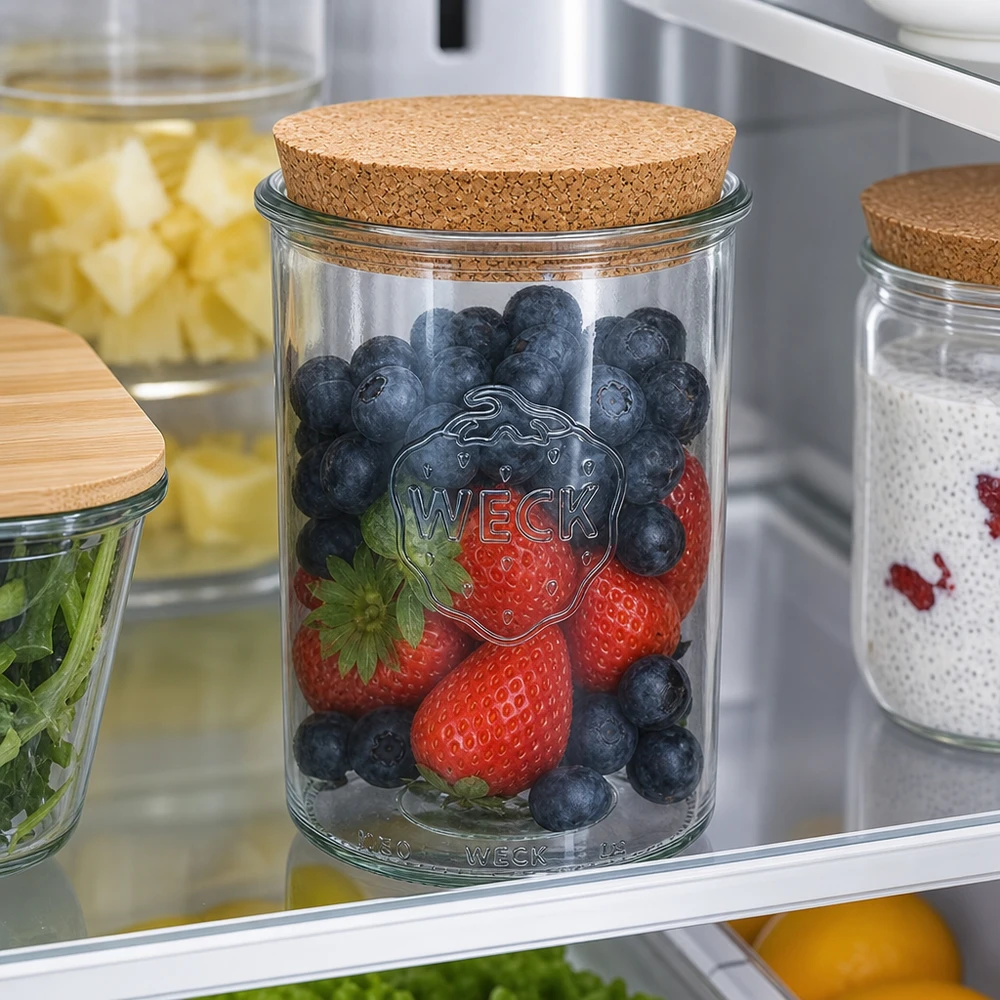 1000ml stortglas WECK RR100 met kurk WECK Sturzglas 1000ml RR100 mit Korkdeckel im Kühlschrank gefüllt mit frischen Beeren stylische Aufbewahrung Vorratsglas