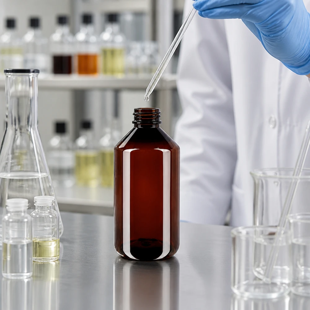PET fles 750ml met blauwe verzegelstop Lichtbestendige fles van 750 ml, bruin PET met blauwe schroefdop, voor chemicaliën