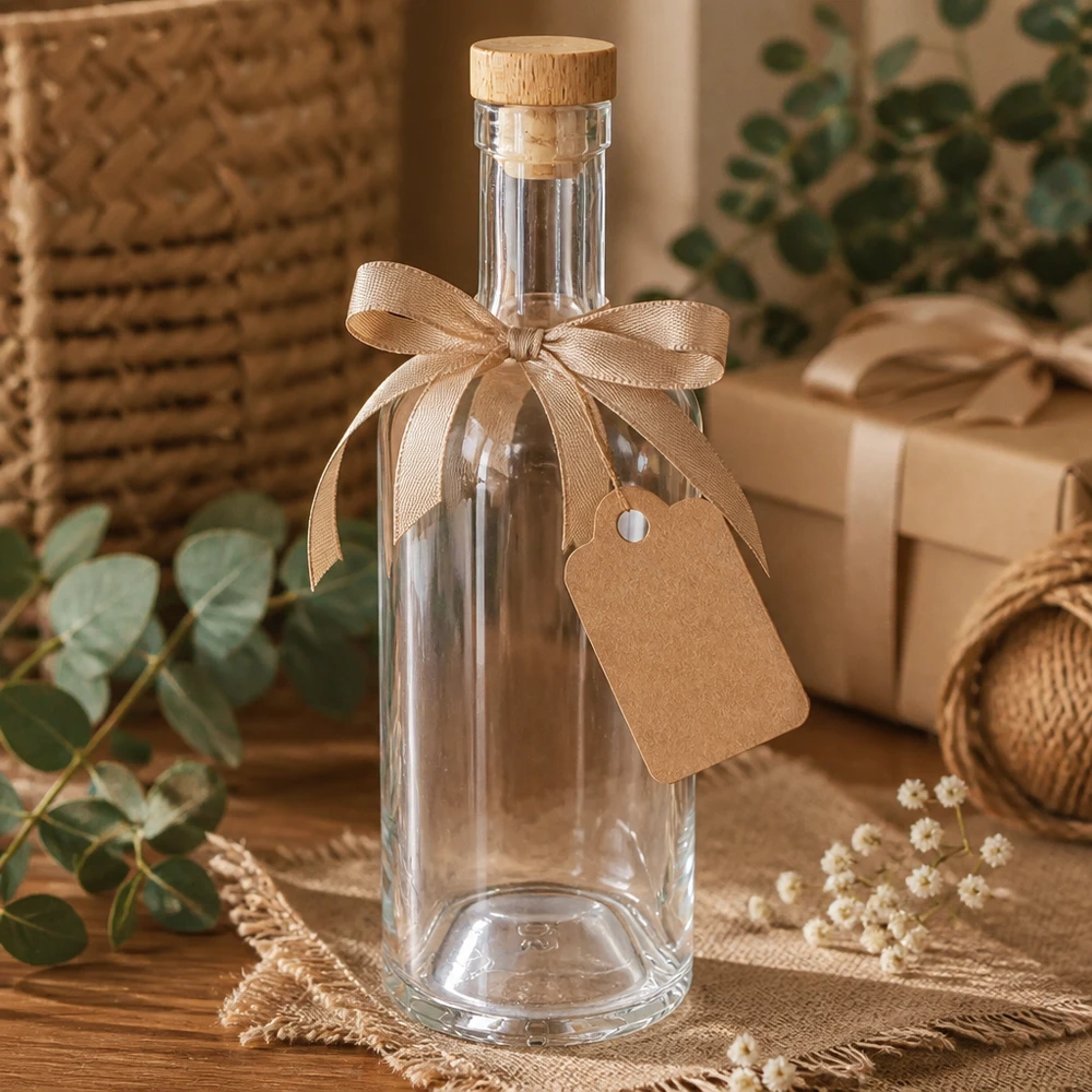 750 ml glazen Emma-fles in geschenkverpakking met beige strik en label in een natuurlijke decoratieve omgeving