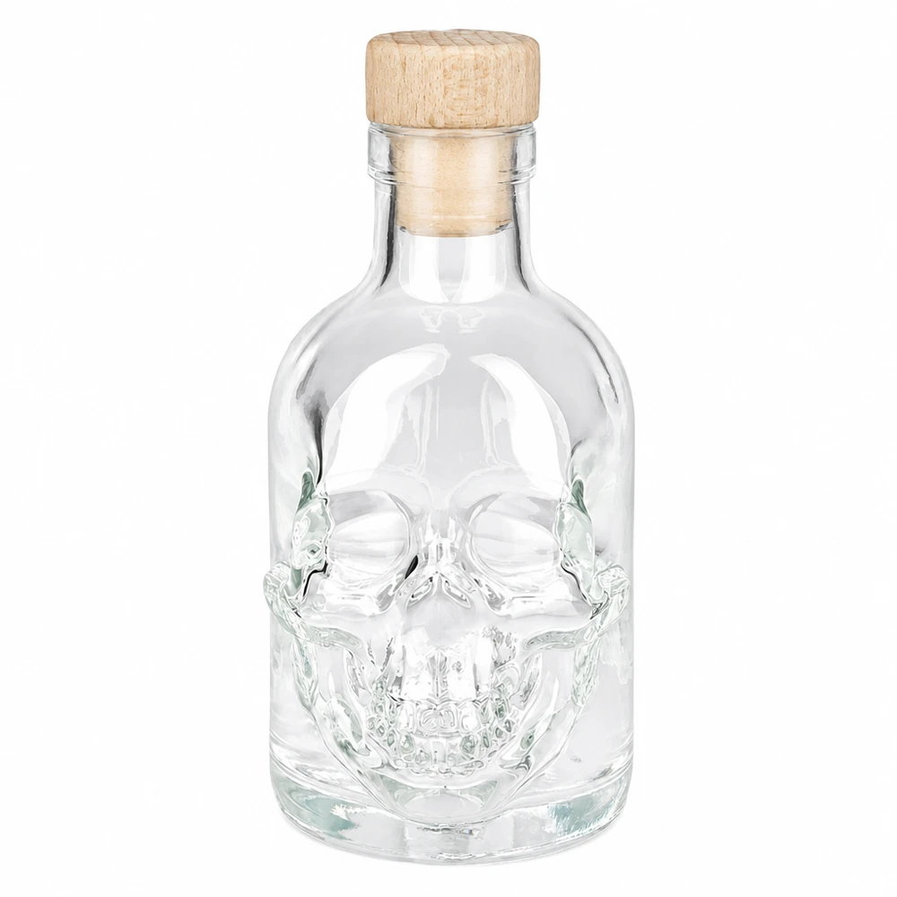 200 ml glazen Jack-fles met doodshoofdontwerp en houten kurk, lege gedistilleerde drankfles met schroefdop