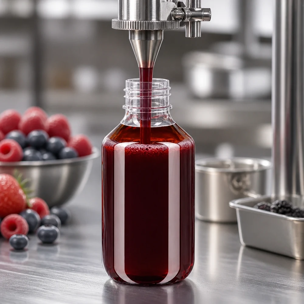 500ml PET medicijnfles - schroefsluiting VR wit - doseerbeker 30ml blank PET Flasche 500ml weiß klarer Kunststoff Abfüllmaschine rotes Fruchtkonzentrat Lebensmittelherstellung