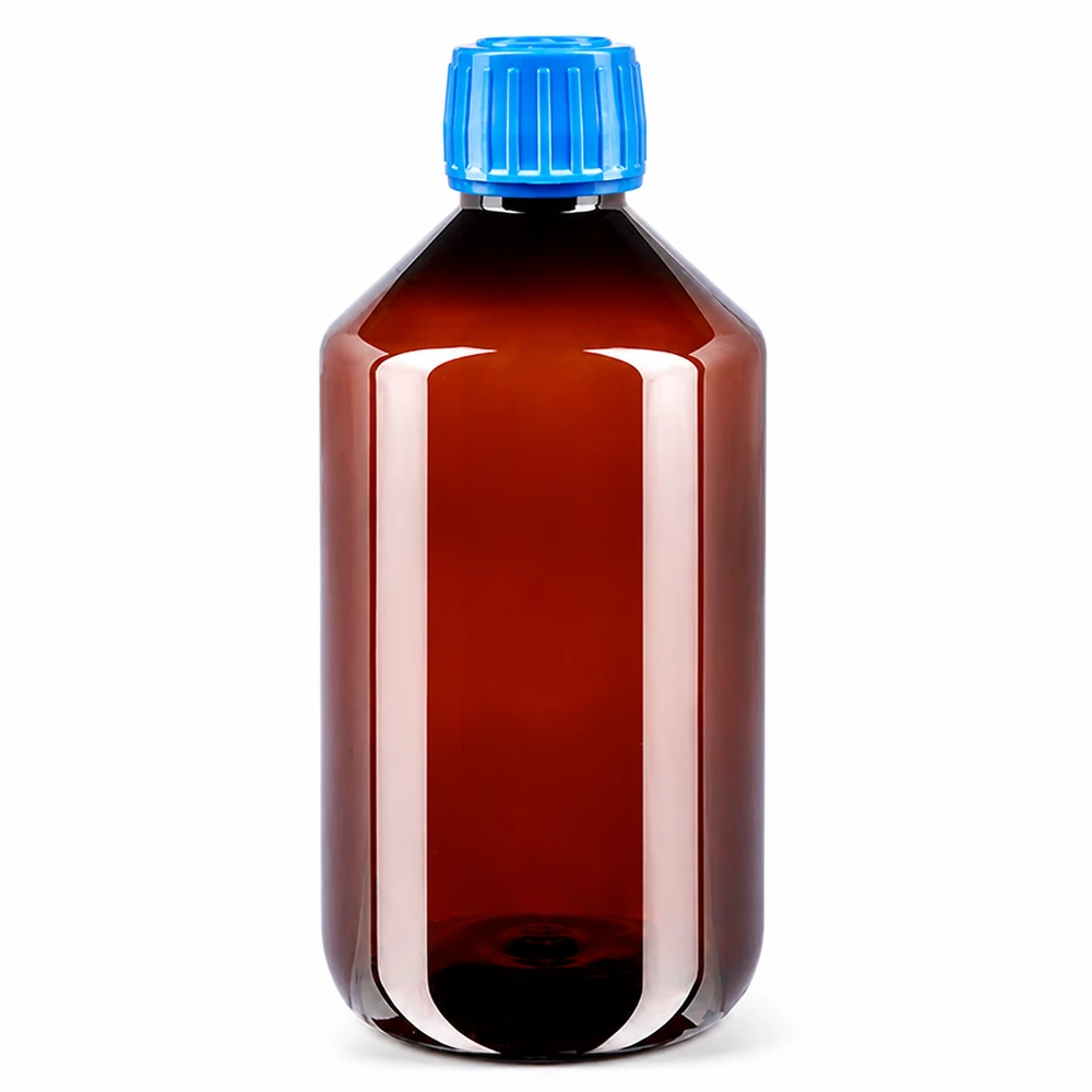 50 ml PET medicijnfles met verstuiver zwart GCMI 28/410 incl. dop transparant, standaard Bruine ronde PET-fles van 500 ml met blauwe dop, ideaal voor farmaceutische producten en chemicaliën