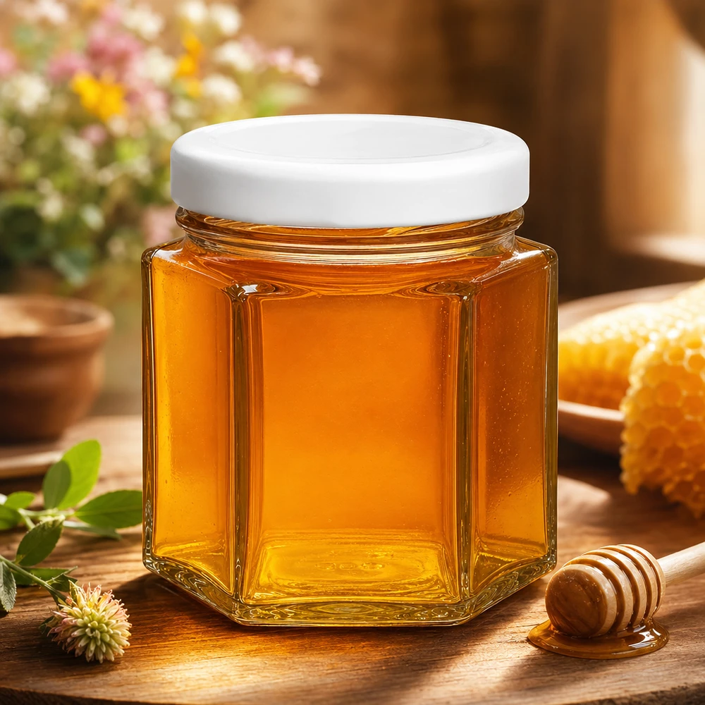 47ml hexa potje met BasicSeal deksel gevuld met honing naast honinglepel en honingraat op houten tafel