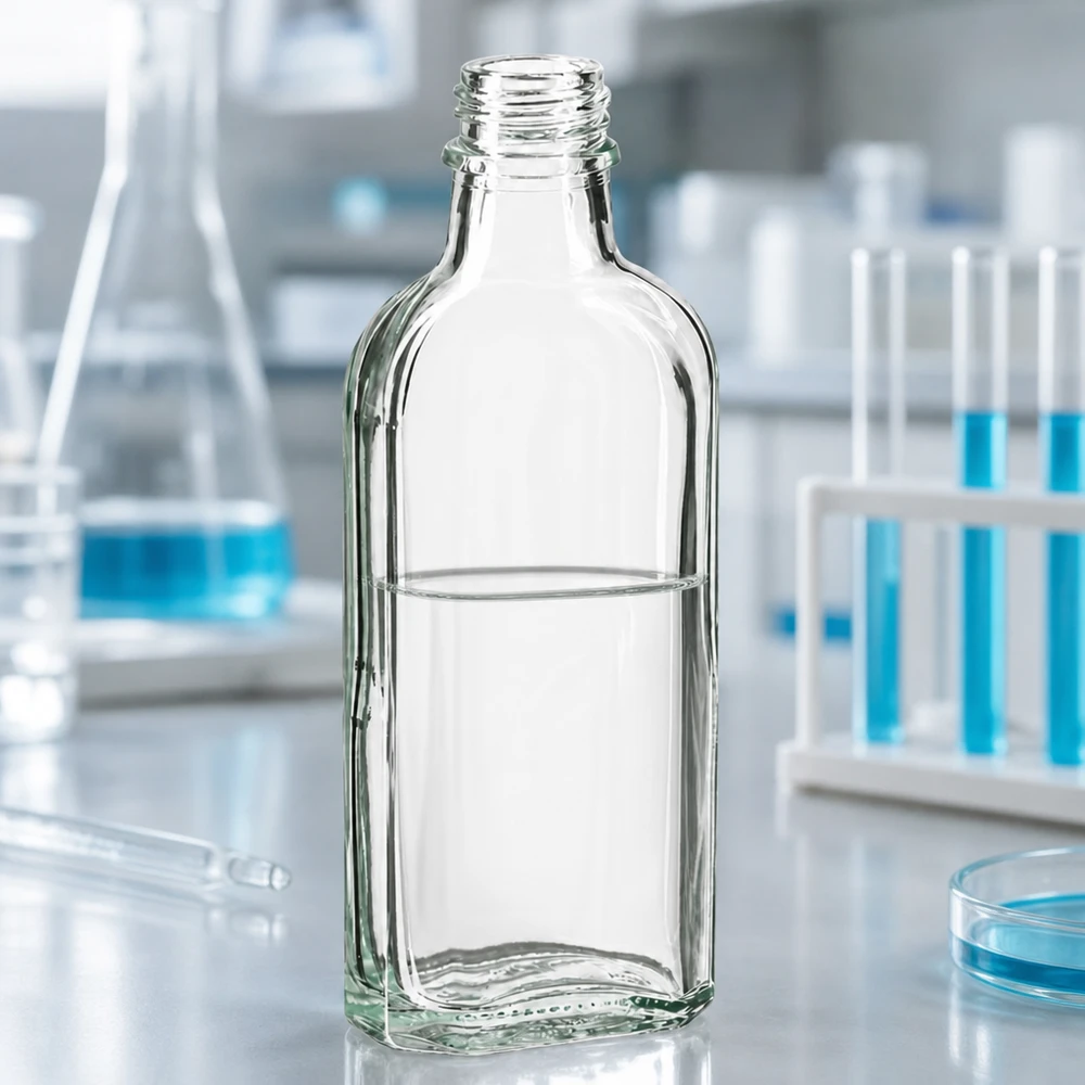 Vlakke Meplat-fles van 100 ml van helder glas, DIN 22, voor gebruik in een professionele laboratoriumomgeving