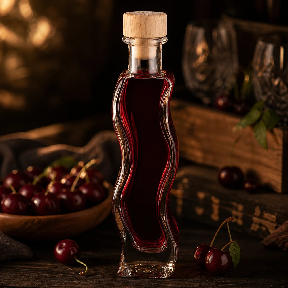 100ml glazen fles Melissa gevuld met rode kersenlikeur houten kurk verse kersen gezellige keuken sfeervol