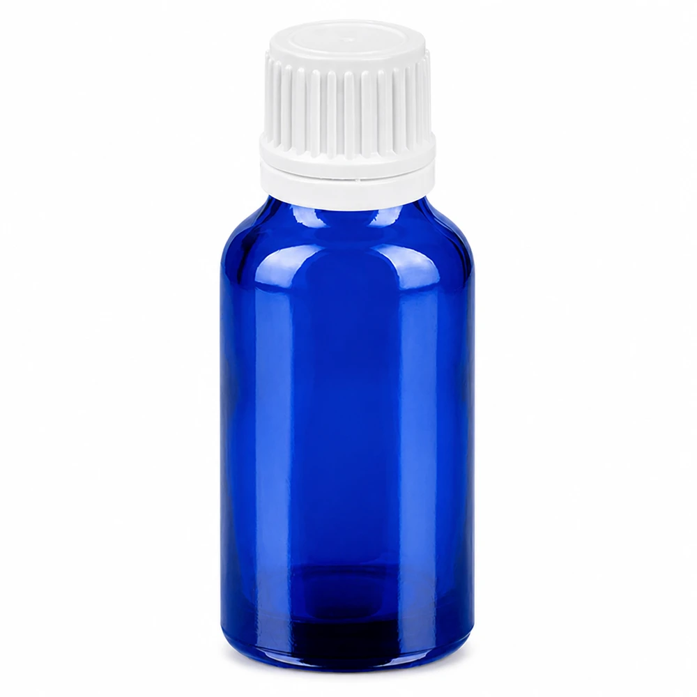 20ml fles 11mm SV wit OV BlueLine UT18/20 Compact flesje van 20 ml in elegant blauw met praktische witte schroefdop