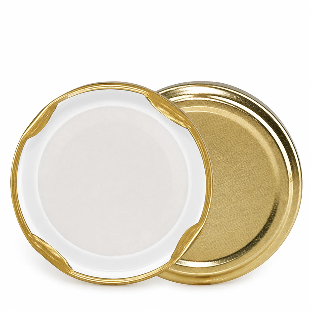 UNiTWIST TO43 goud, BioSeal, BPA-NI, unitemp Gouden inmaakdeksel van 43 mm met gegolfde rand en witte binnenpakking UNiTWIST BPA-NI