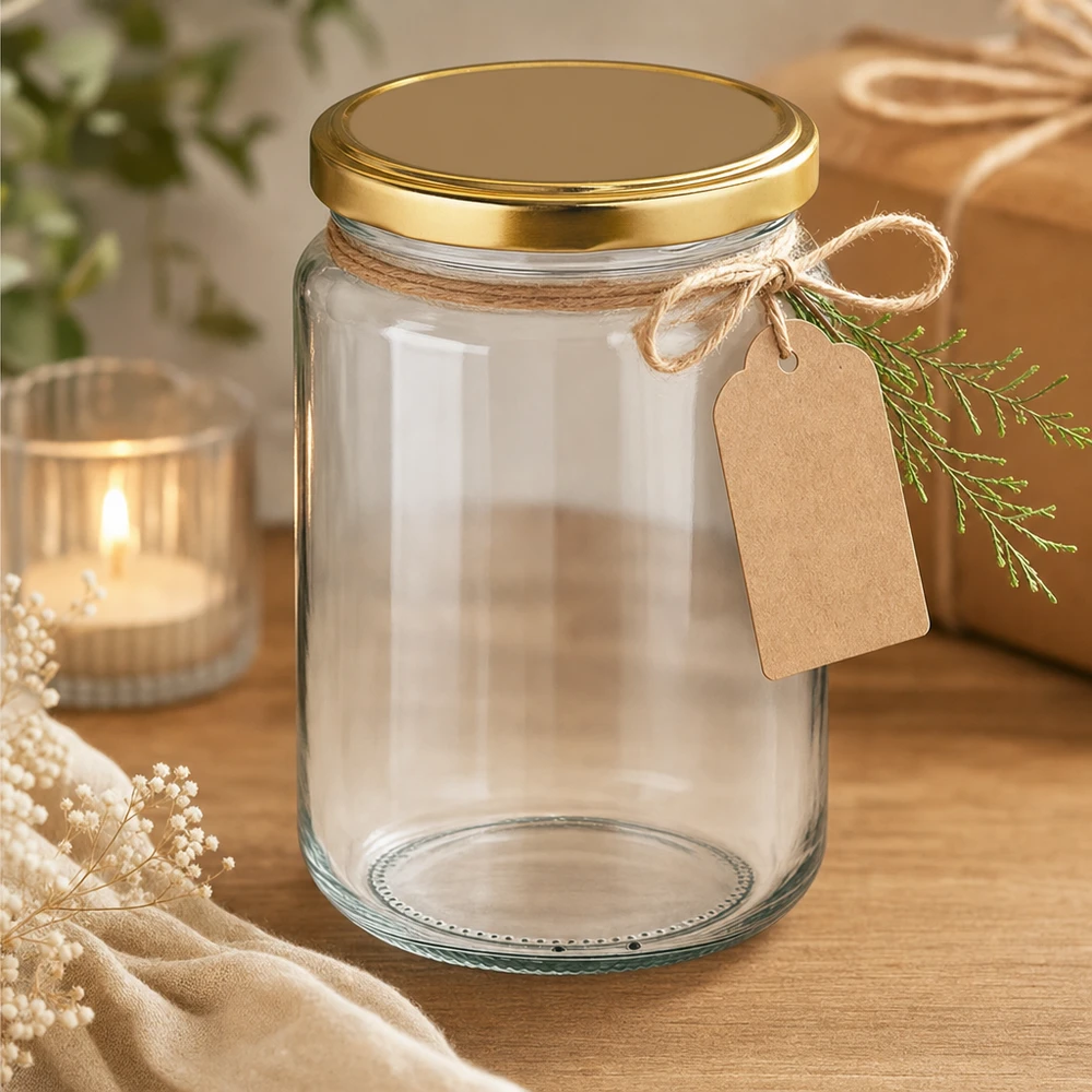 382ml rond glas met BasicSeal deksel goud UNiTWIST 382 ml ronde pot met gouden UNiTWIST deksel decoratief gerangschikt met cadeaulabel en jute koord