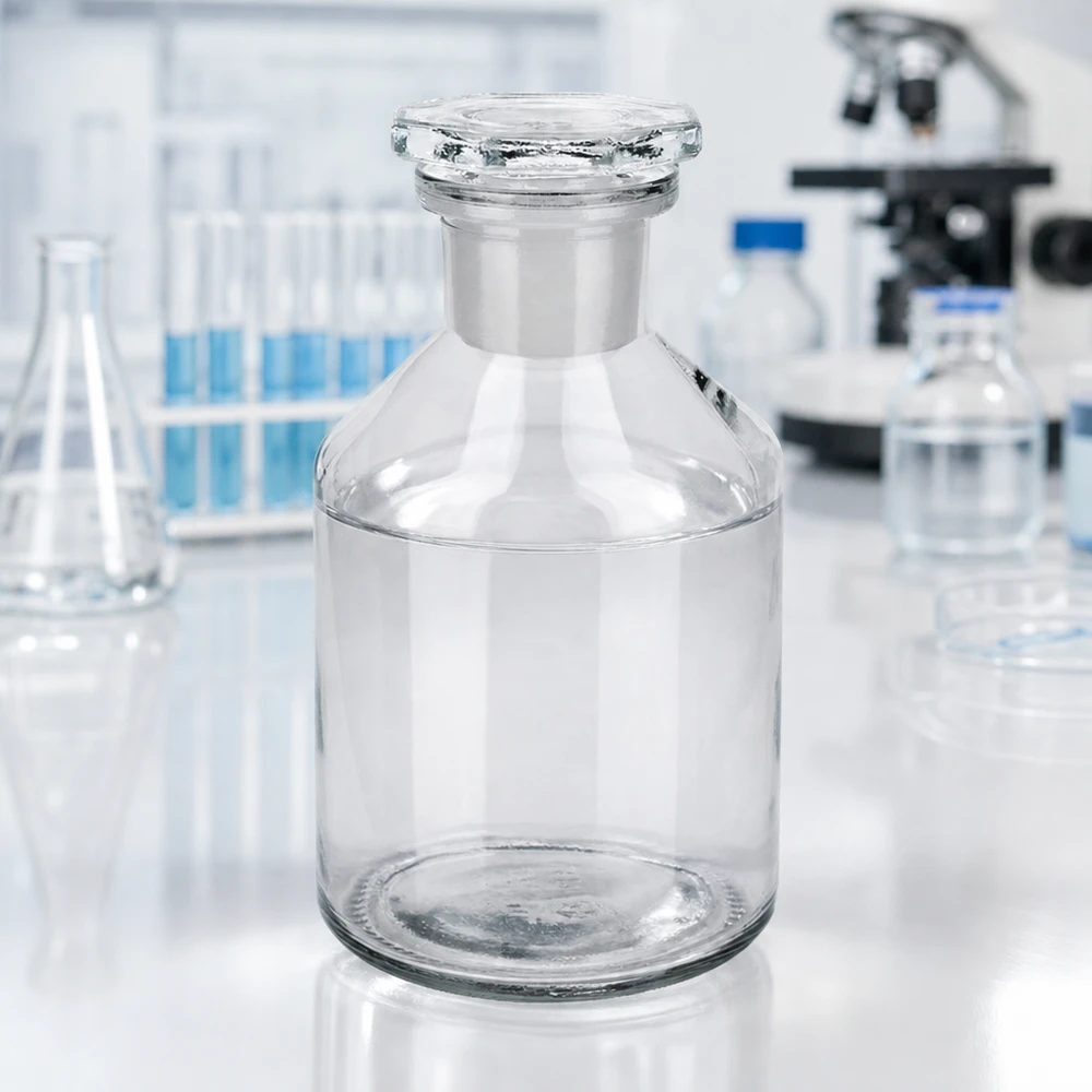 50 ml fles met schuine schouders nauwe hals helder glas incl. glazen stop Lege apothekersfles 50 ml, helder glas, smalle hals, met gefacetteerde glazen stop, geschikt voor laboratoriumgebruik