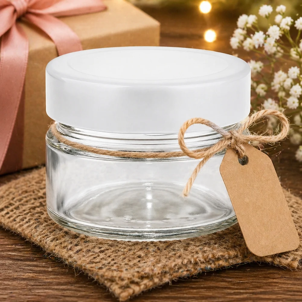 80 ml ronde pot met wit deksel decoratief gepresenteerd met geschenkverpakking en jute koord banderol