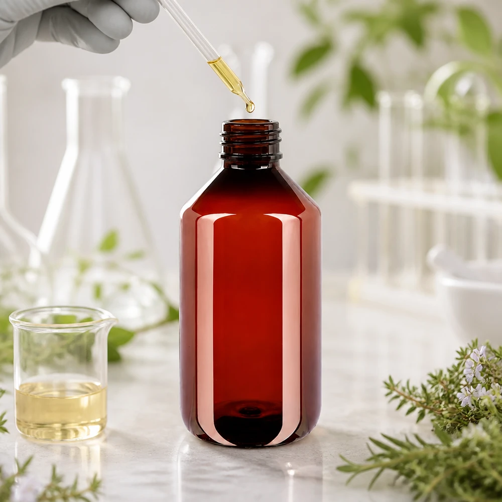 PET-fles 500ml met zwarte spuitdop OV PET Flasche bernsteinfarben 500ml mit Spritzverschluss für Öle und Tinkturen