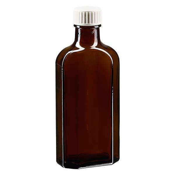 125 ml bruine meplatfles met DIN 22 monding, inclusief schroefsluiting DIN 22 wit met PE-schuiminzetstuk 125 ml bruine meplatfles met DIN 22 monding, inclusief schroefsluiting DIN 22 wit met PE-schuiminzetstuk