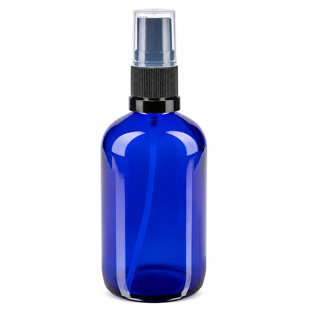 Ronde blauwe apothekersglas-spuitfles van 100 ml met ergonomisch zwart verstuivingsmechanisme
