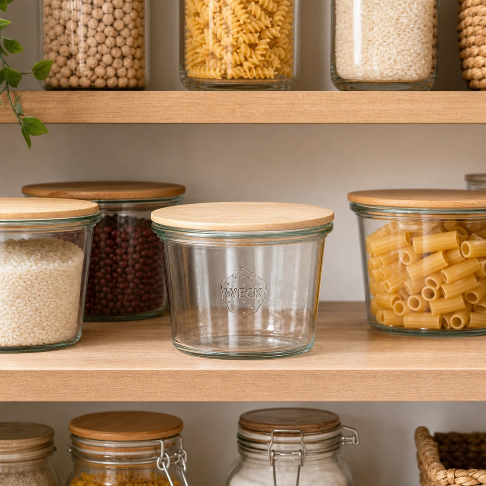 WECK-mini stortglas 50ml met hout deksel WECK mini mason jar 50ml leeg in georganiseerde opbergkeuken tussen gevulde potten pasta en peulvruchten
