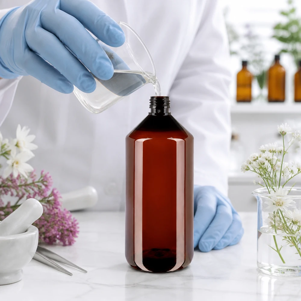 PET fles 1000ml PP28 zonder dop Grote PET-fles van 1000 ml met PP28-schroefdraad, lichtondoorlatend, ideaal voor natuurextracten
