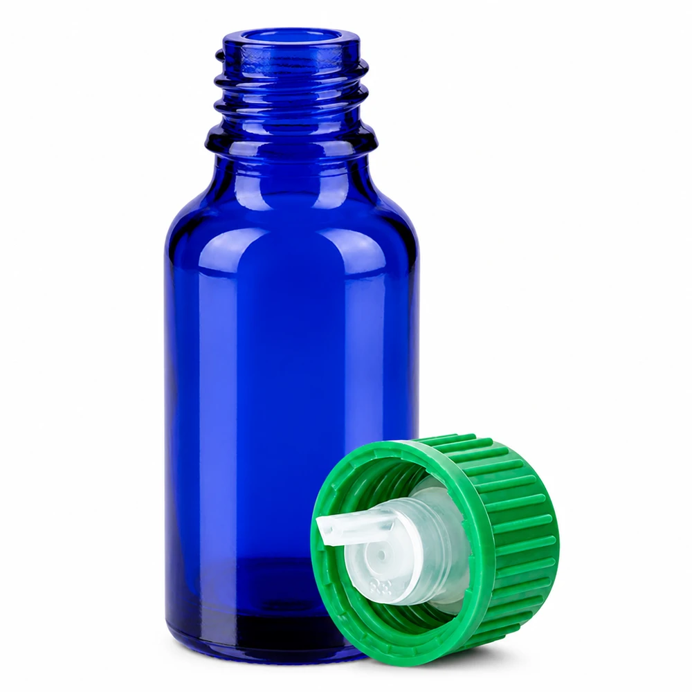 Precisie druppelflesje 20ml kobaltblauw met groene dop voor essentiële oliën en extracten