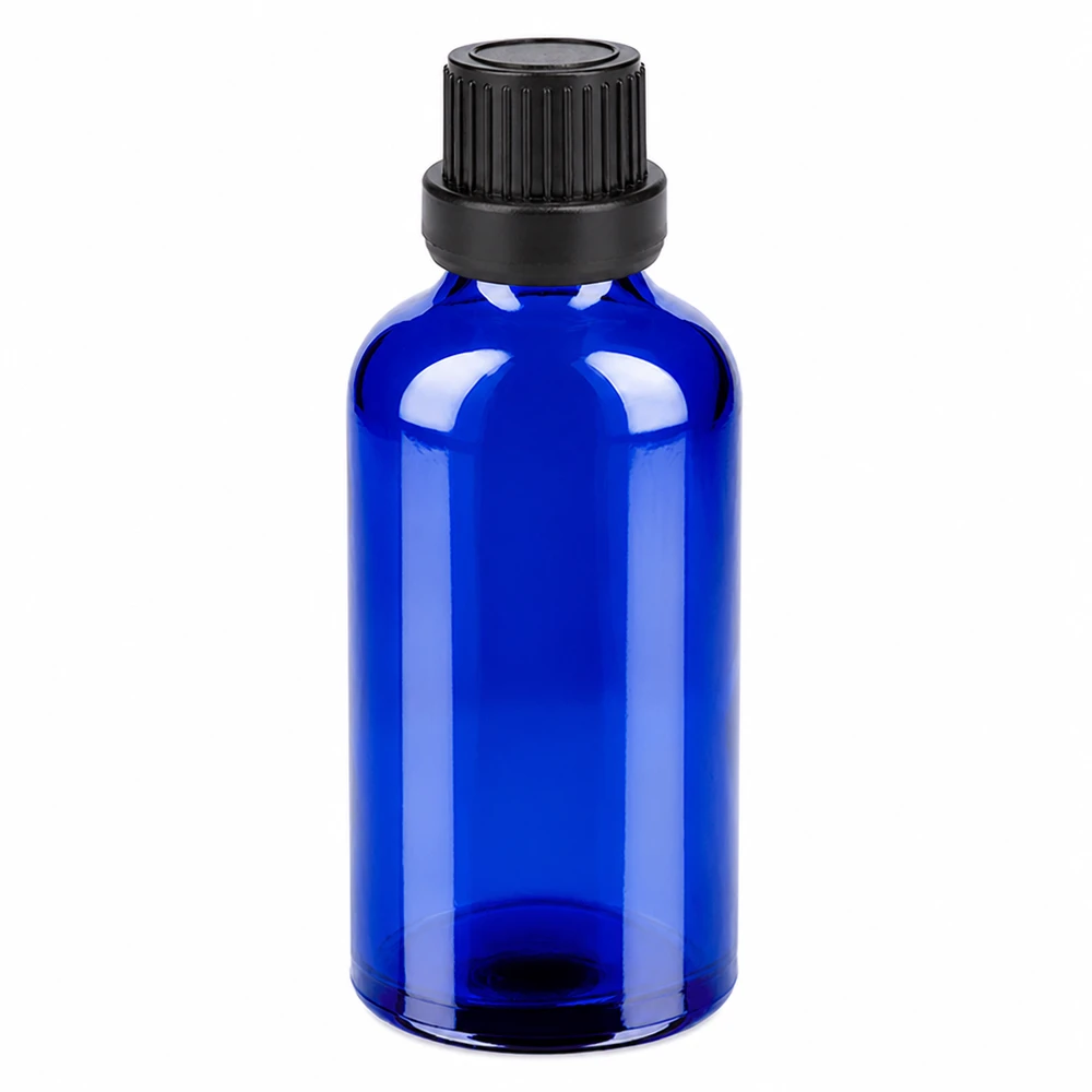 Apothekersfles 50ml in intens blauw met gegroefde zwarte dop UT18/50