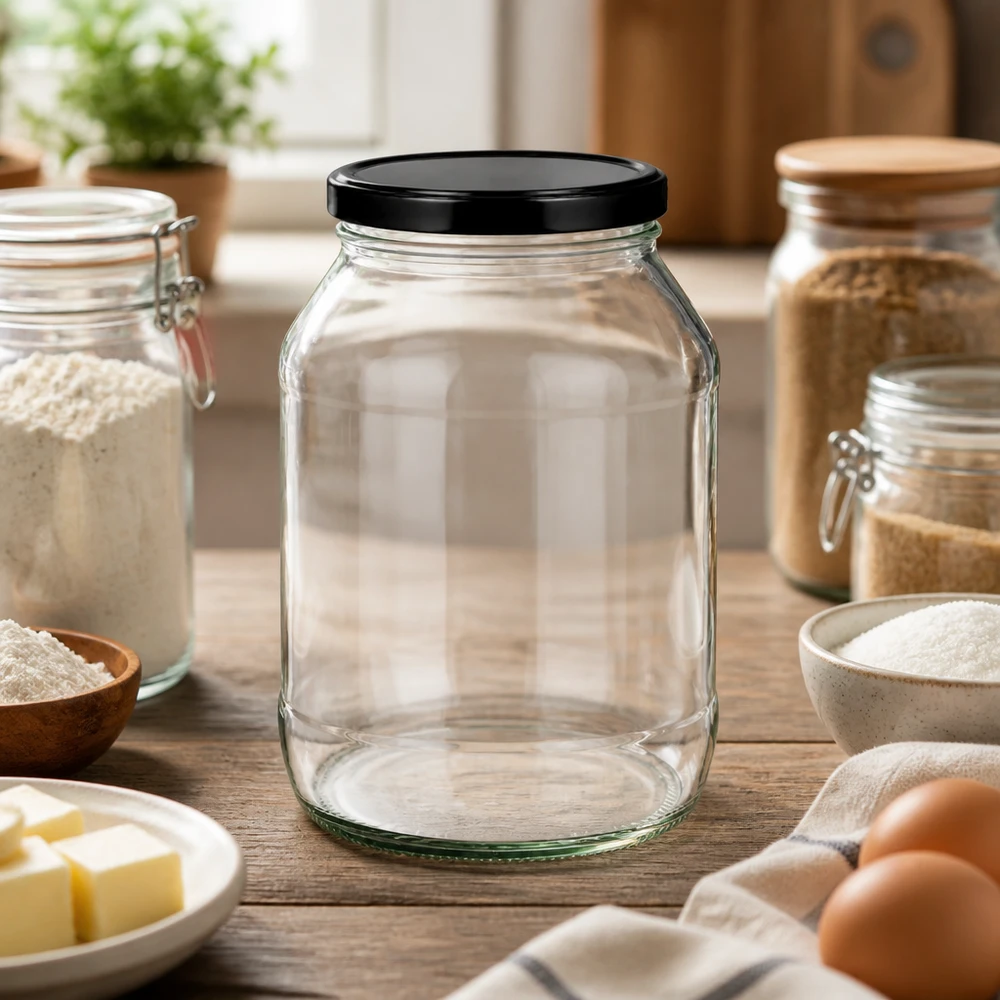 2650ml ronde pot met zwart BasicSeal deksel in keukenomgeving tussen voorraadpotten en bakingrediënten