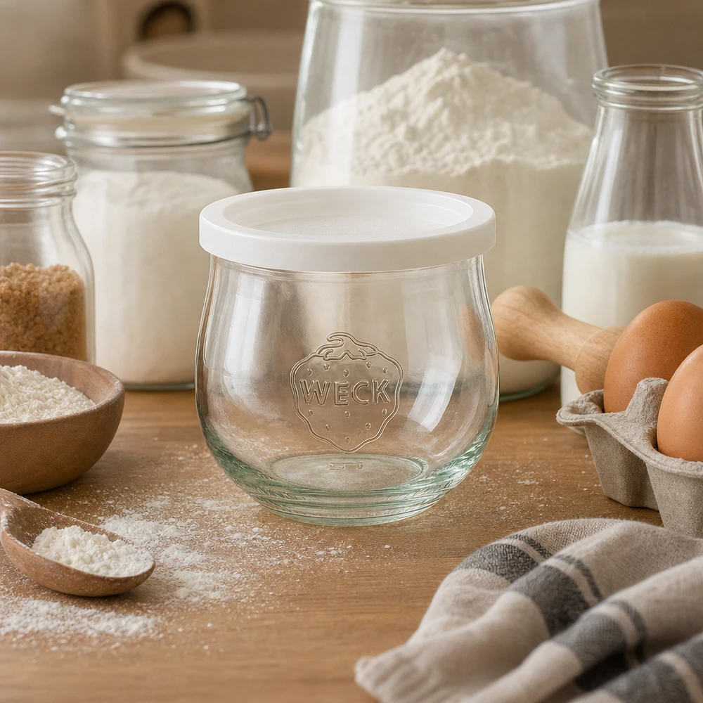 WECK RR80 tulpvormige pot van 370 ml met vershouddeksel WECK tulpenpot 370ml RR80 met vers deksel in bakscène met bloem, eieren en melk op houten werkblad