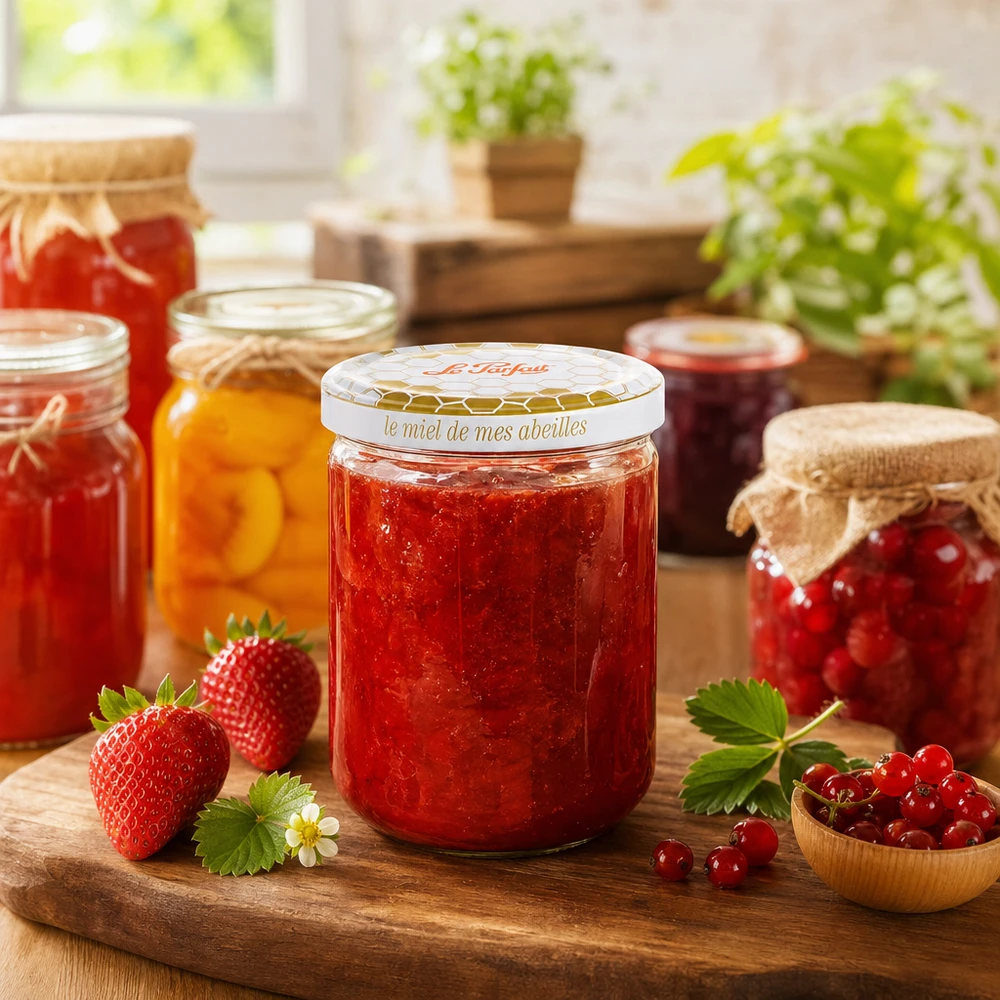 Le Parfait Honing voorraadpot 212ml gevuld met rode jam naast verse aardbeien en andere inmaakpotten