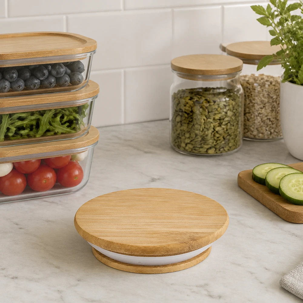 WECK houten deksel RR40 eiken uitvoering A in moderne keuken met voorraadpotten Lifestyle toepassing praktisch opbergen