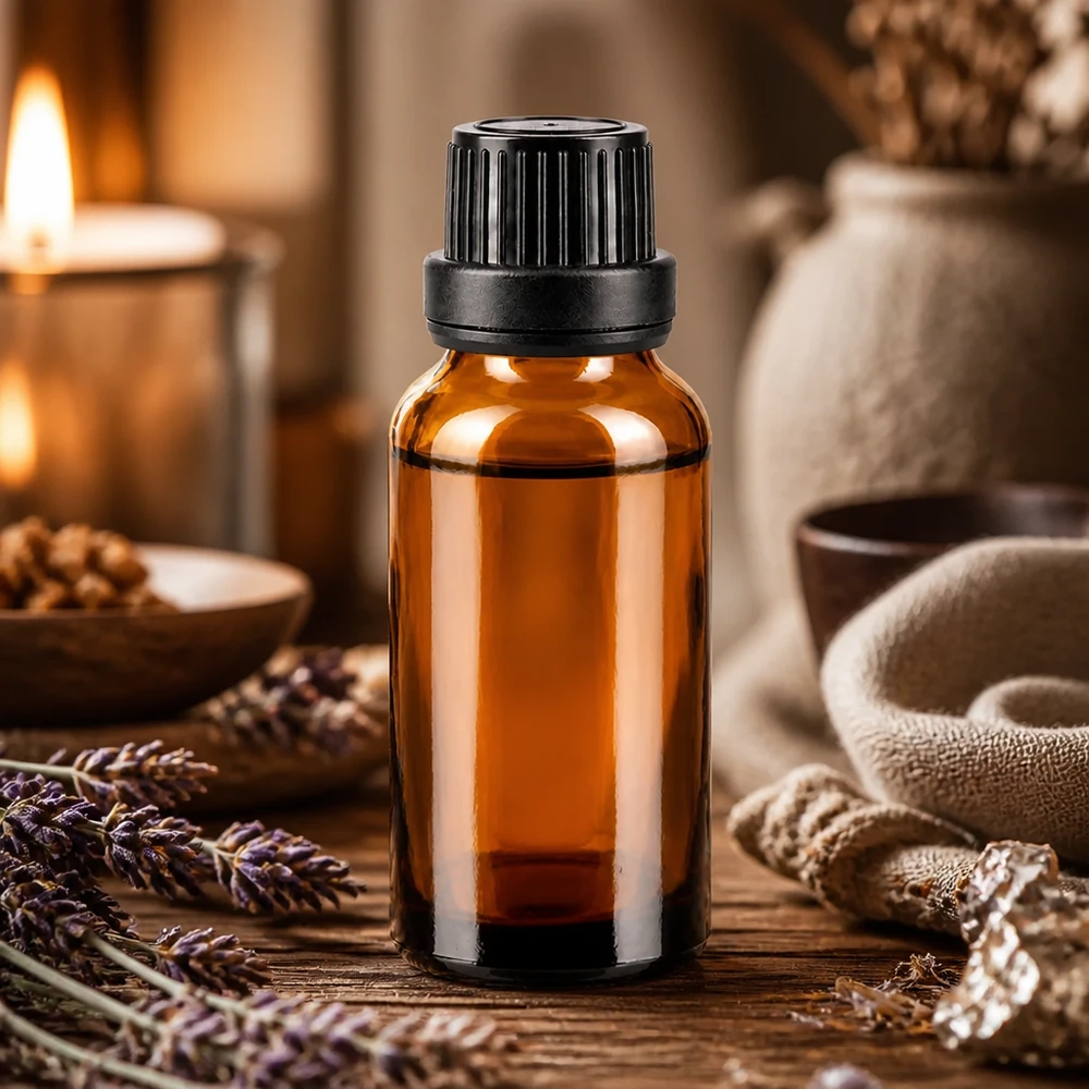 Lichtbestendige fles van 20 ml van bruin apothekersglas met een nauwkeurige druppelaar van 2 mm in het zwart