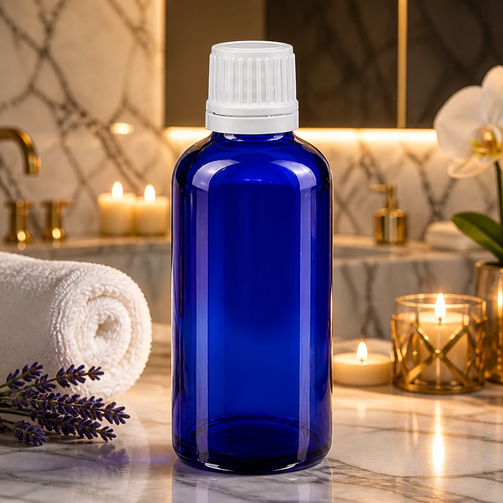 Lichtbestendige fles van 50 ml, blauw met witte verzegeling, voor etherische oliën