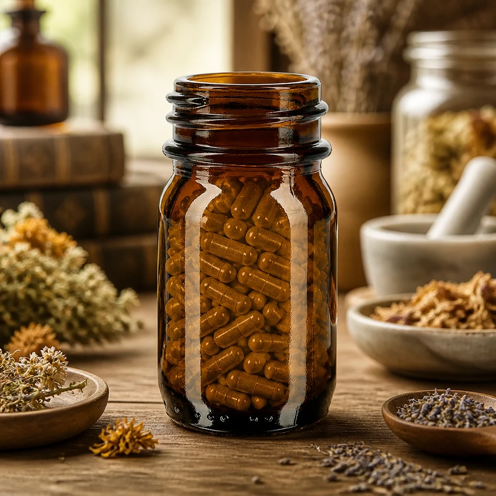 Bruin wijdhalsflesje 30ml voor capsules en voedingssupplementen