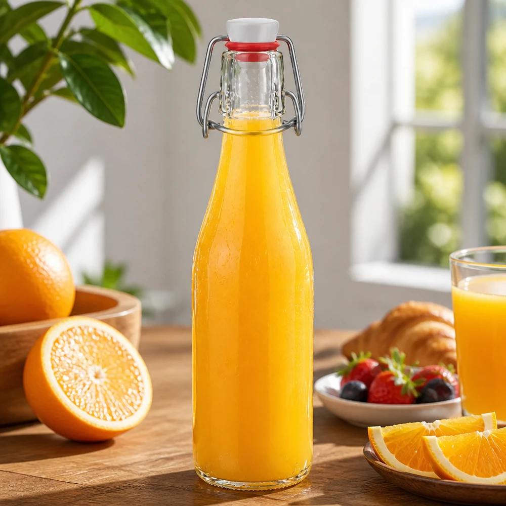 Glazen fles 250 ml + draaidop PVC UNiTWIST 250ml glazen fles met draaidop gevuld met sinaasappelsap, decoratief keukentafereel met verse sinaasappels en bessen