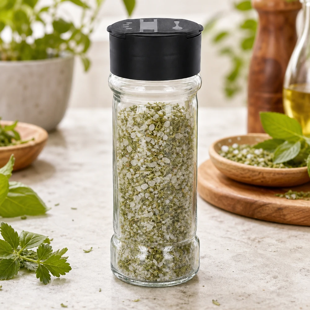 Ronde glazen kruidenpot van 100 ml met dubbele strooier, zwart, en mediterrane kruiden