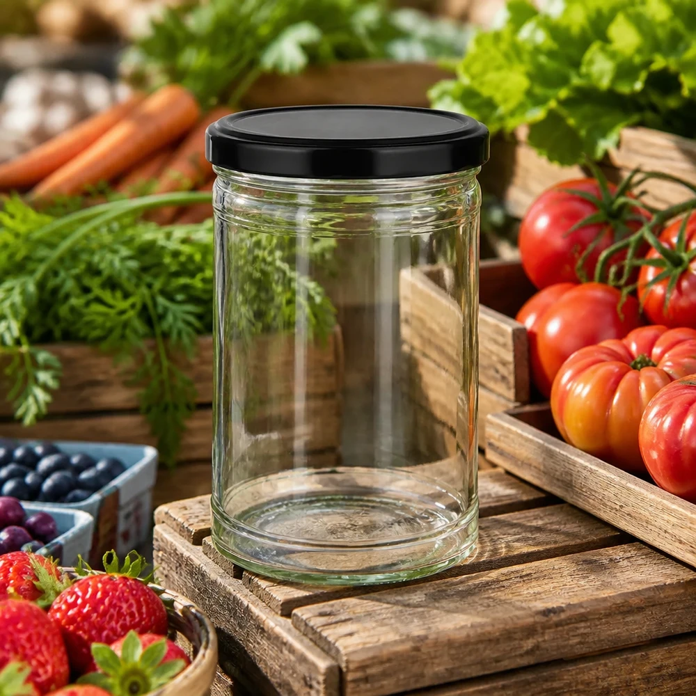 Lege 1053ml mason jar met zwart deksel op houten plank omringd door verse groenten tomaten wortelen aardbeien