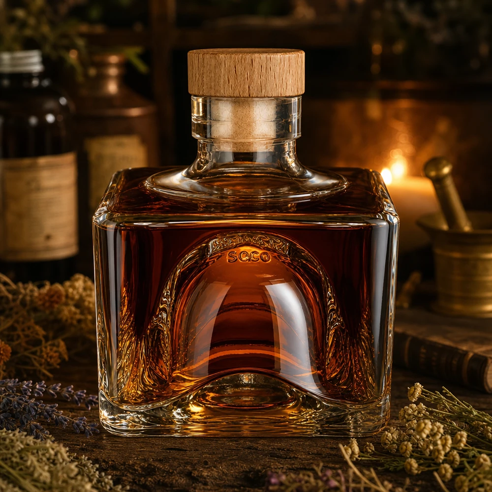 200 ml glazen fles Bob met houten kurk met handvat UNiTWIST® 200ml Glasflasche Bob mit Whisky befüllt, Holzkorken-Verschluss, edle Spirituosenflasche in rustikalem Ambiente