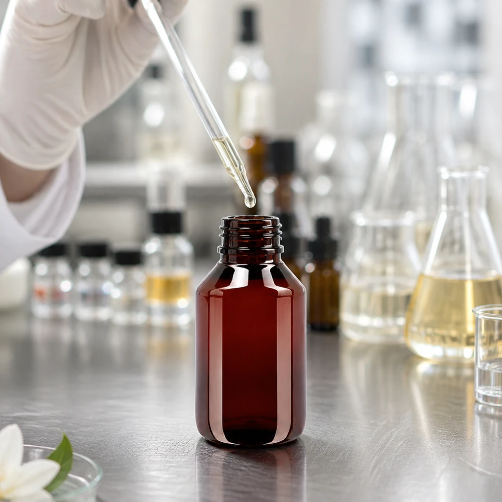 Schlanke 50ml PET Flasche bernsteinfarben mit Schraubgewinde und OV für Heilpflanzenöle