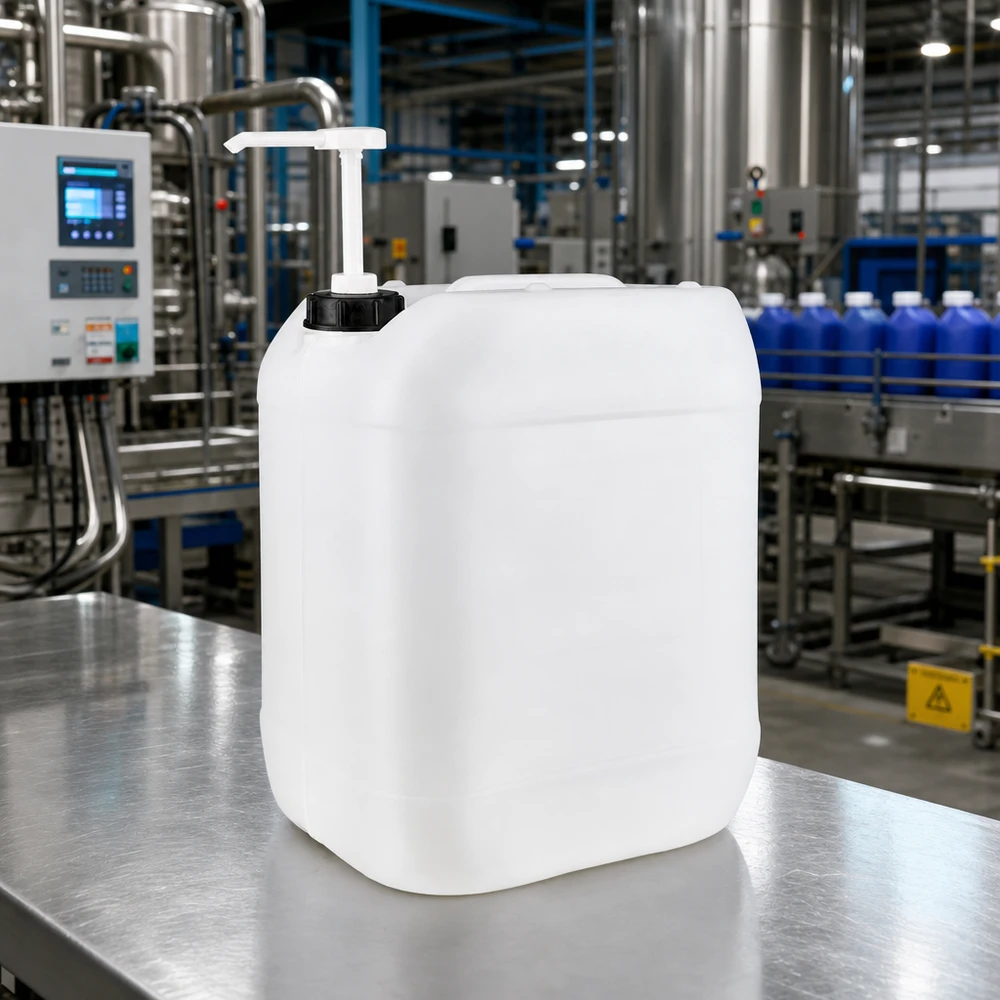 Grote verpakking van 20 liter met zwarte schroefdop en witte pomp voor industriële bedrijven