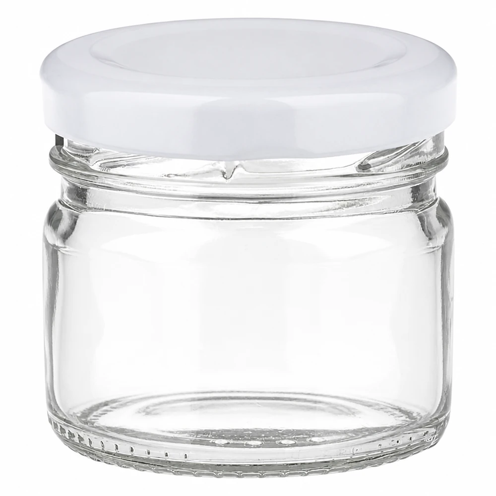 33 ml rond glazen potje + BasicSeal-deksel, wit, UNiTWIST Klein glazen potje van 33 ml met wit deksel, ideaal voor jam en kruiden