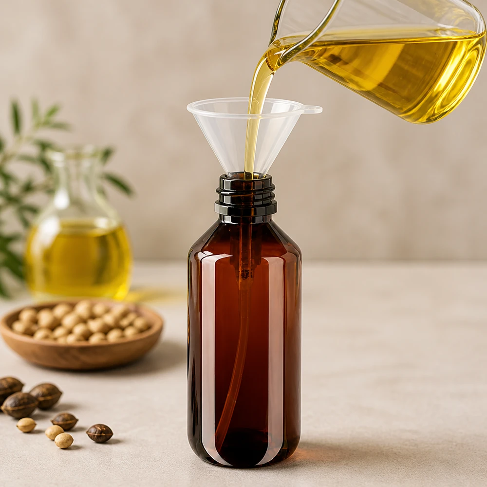 PET-fles 200ml met dispenserpomp zwart Hervulbare PET-fles van 200 ml met zwarte pomp en natuurlijke plantaardige oliën