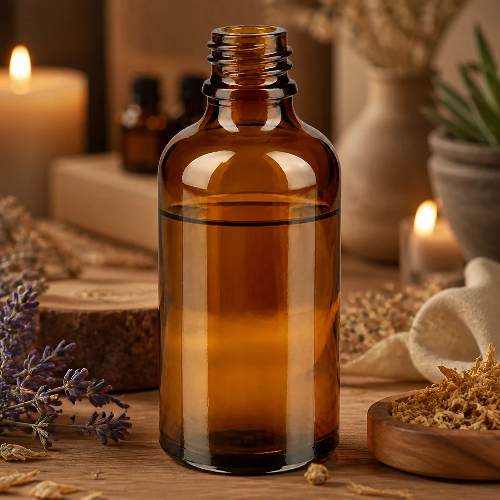 50ml bruin ApoGlas apothekersflesje met essentiële oliën aromatherapie sfeerkaarsen lavendel spa wellness