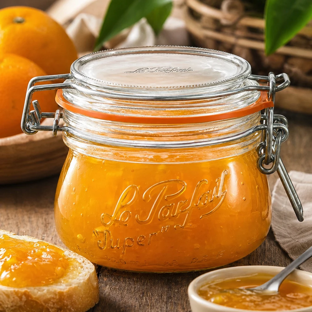 250 ml Le Parfait Super voorraadpot met draaidop gevuld met sinaasappelmarmelade op een houten tafel met verse sinaasappels