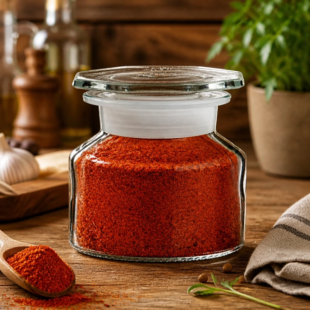 Kruidenbewaarflesje van 50 ml met brede hals en bolle voorkant, gevuld met intens rood kruidenpoeder