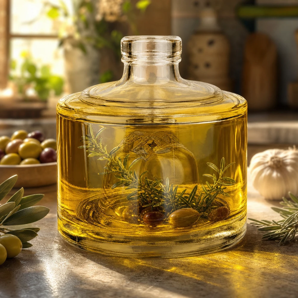 200 ml glazen fles Barbara gevuld met gouden olijfolie en kruiden gedecoreerd in mediterrane keukenstijl